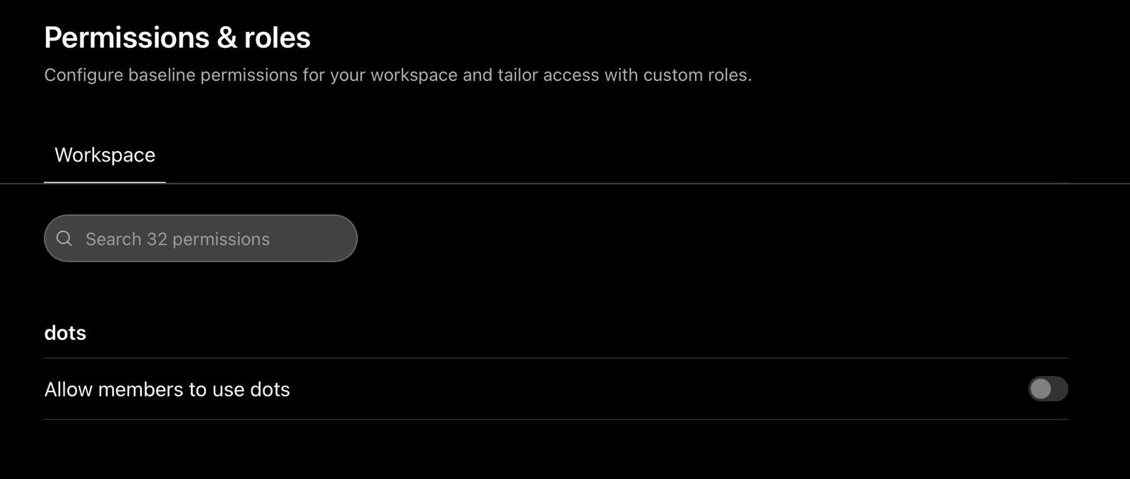 The Permissions and roles page of a Business workspace: Configure baseline permissions for your workspace and tailor access with custom roles. A Workspace tab, a box reading Search 32 permissions, and a group headed dots with one switch, Allow members to use dots, in the off position