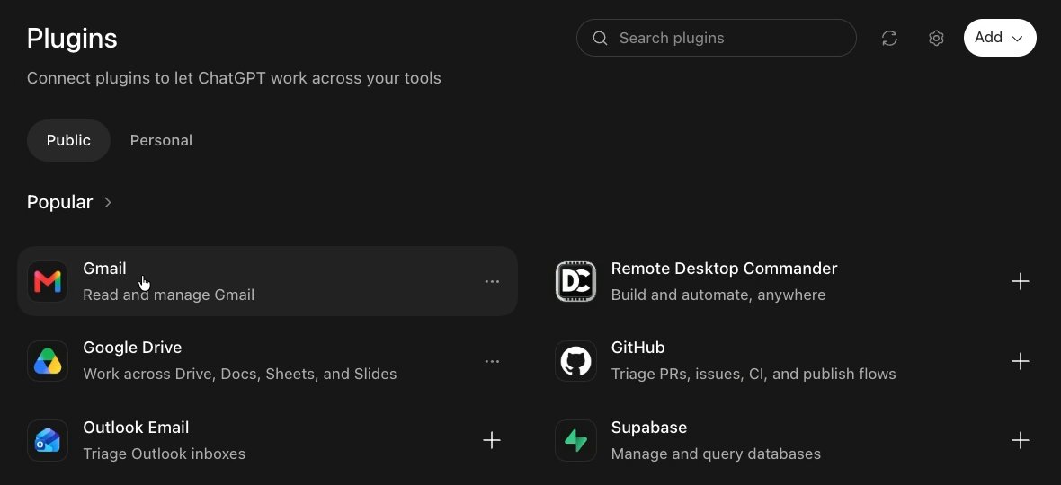 The Plugins page: a search box, Public and Personal tabs, and a Popular list. Gmail and Google Drive end in three dots. Outlook Email, GitHub and others end in a plus