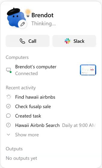 The dot's profile: Call and Slack buttons, then Computers with one row, Brendot's computer, Connected, and a small live picture of its screen
