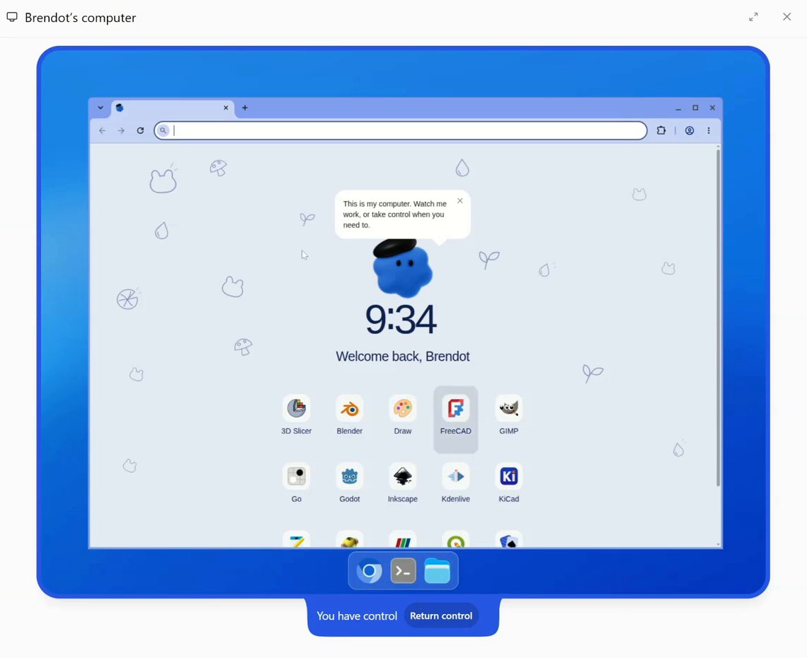 A dot's cloud computer: a desktop with a browser open inside a thick blue frame. The bar under the screen reads You have control, with a Return control button