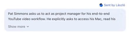 The top of a Work task. A label reads Sent by László, over a message that names the owner and says what he asked the dot to do