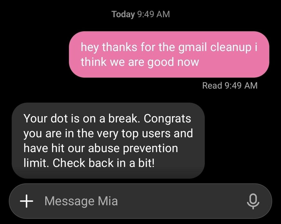 A phone conversation with a dot. The owner writes a thank-you, and the dot replies: Your dot is on a break. Congrats you are in the very top users and have hit our abuse prevention limit. Check back in a bit!