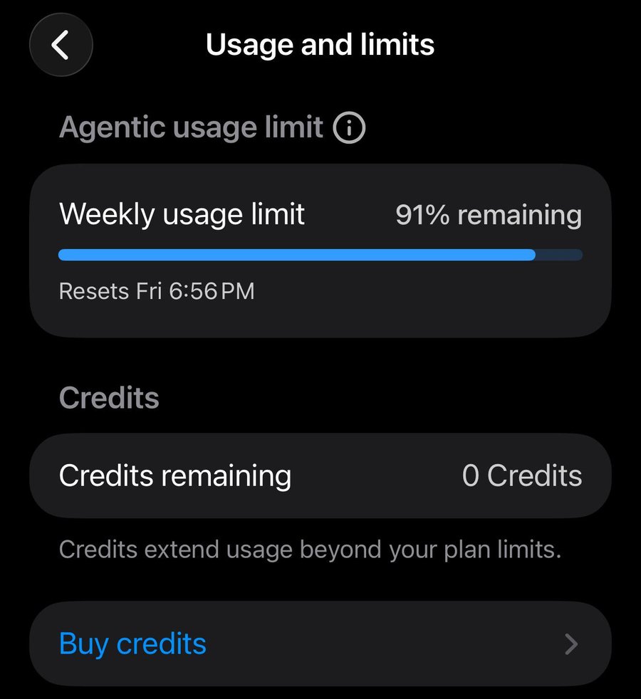 The Usage and limits screen in the ChatGPT phone app: Agentic usage limit, a Weekly usage limit bar at 91% remaining, Resets Fri 6:56 PM, Credits remaining 0 Credits, and a Buy credits button