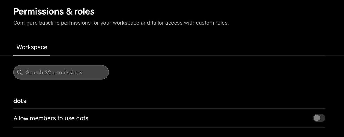 The Permissions and roles page of a Business workspace, with a dots group and one switch, Allow members to use dots, greyed out in the off position
