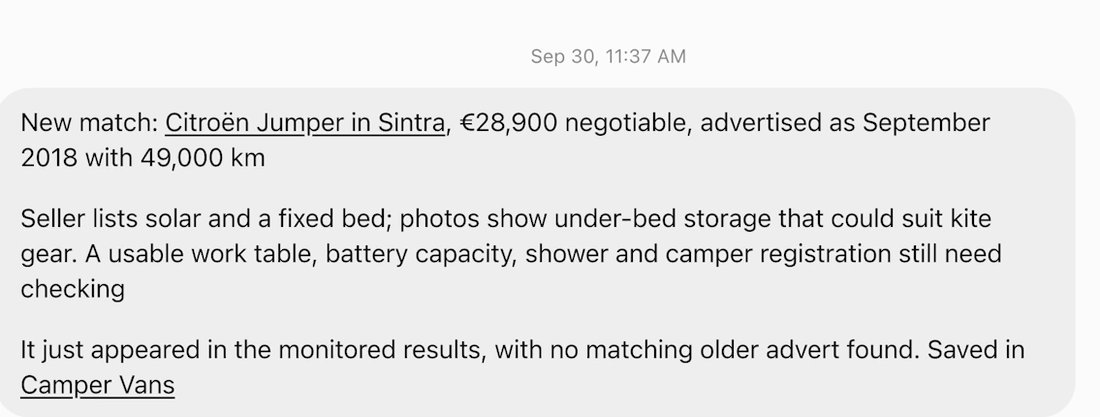 A message from a dot, stamped Sep 30, 11:37 AM: New match: Citroën Jumper in Sintra, €28,900 negotiable, advertised as September 2018 with 49,000 km. Seller lists solar and a fixed bed. A usable work table, battery capacity, shower and camper registration still need checking. It just appeared in the monitored results, with no matching older advert found. Saved in Camper Vans
