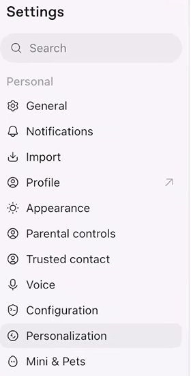 The Settings list: General, Notifications, Import, Profile, Appearance, Parental controls, Trusted contact, Voice, Configuration, Personalization, which is selected, then Mini and Pets