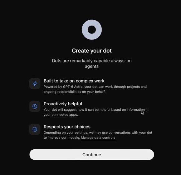 The Create your dot screen with three statements and a Continue button