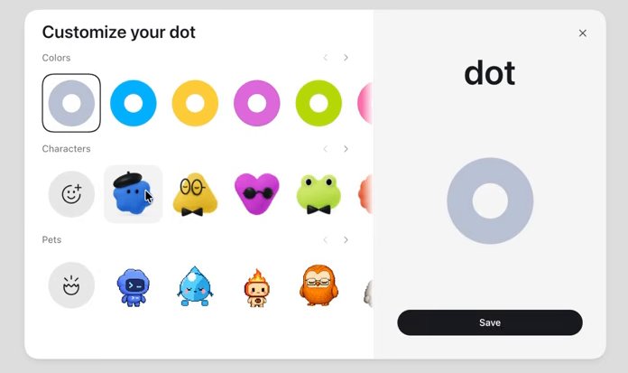 The Customize your dot dialog: rows of Colors, Characters and Pets on the left, a preview with the dot's name on the right, and a Save button