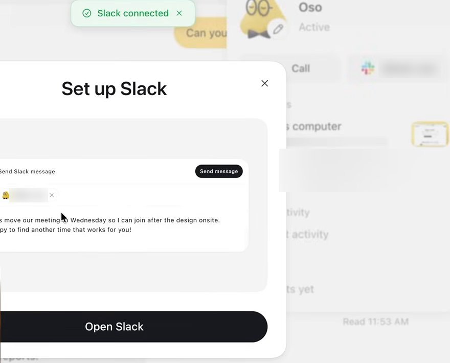 A green Slack connected notice above the Set up Slack dialog, which now shows an Open Slack button. Behind it, the profile's Slack button has changed to the dot's handle