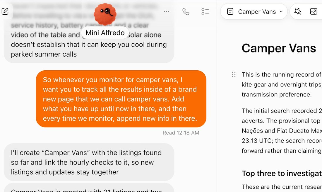 Left, a dot's conversation. The owner asks: whenever you monitor for camper vans, I want you to track all the results inside of a brand new page that we can call camper vans. Add what you have up until now in there, and then every time we monitor, append new info in there. The dot answers: I'll create Camper Vans with the listings found so far and link the hourly checks to it. Right, the page Camper Vans, open beside the chat