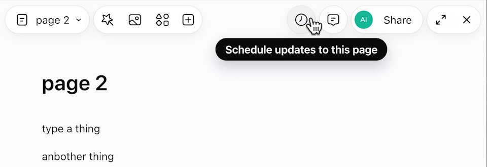 The top of a page. The toolbar on the right has a clock icon, a comment icon, an account picture, Share, an expand icon and a close button. Under the clock a tooltip reads Schedule updates to this page
