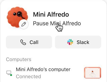 A dot's profile panel. The status line under the name Mini Alfredo has turned into Pause Mini Alfredo, with the pointer on it