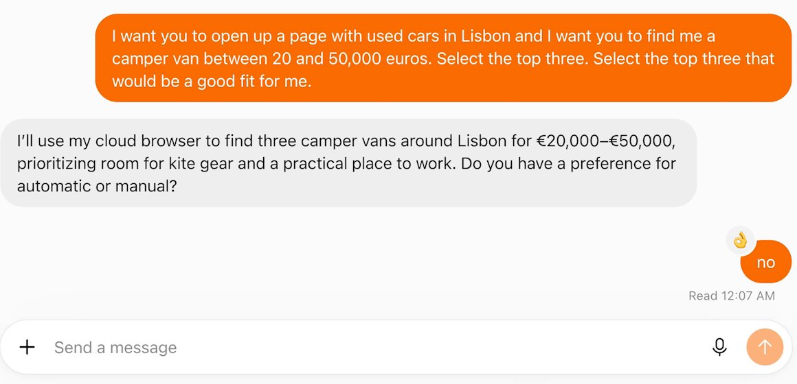 A dot conversation. The owner asks for three camper vans in Lisbon. The dot replies with what it will do and asks: Do you have a preference for automatic or manual? The owner answers no. Under it: Read 12:07 AM. At the bottom, the Send a message box
