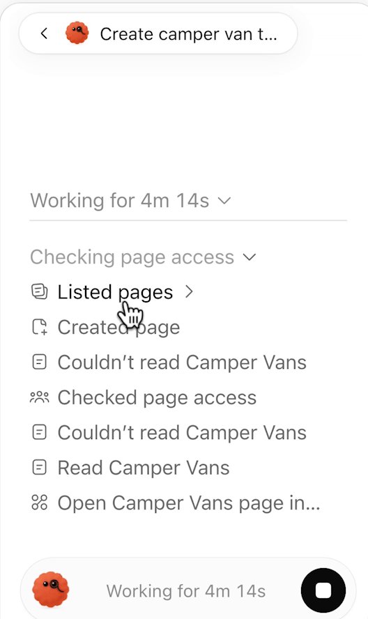 A task opened in the profile panel: a back arrow and the task name, Working for 4m 14s, then steps: Listed pages, Created page, Couldn't read Camper Vans, Checked page access, Read Camper Vans. At the bottom, a round black stop button