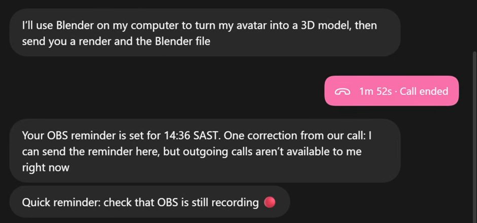 A dot's conversation after a call. A marker reads 1m 52s, Call ended. Under it the dot writes: Your OBS reminder is set for 14:36 SAST. One correction from our call: I can send the reminder here, but outgoing calls aren't available to me right now