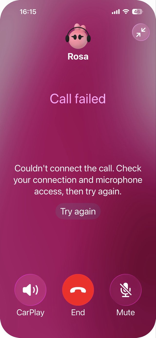 An iPhone call screen reading Call failed. Couldn't connect the call. Check your connection and microphone access, then try again. A Try again button sits under the message