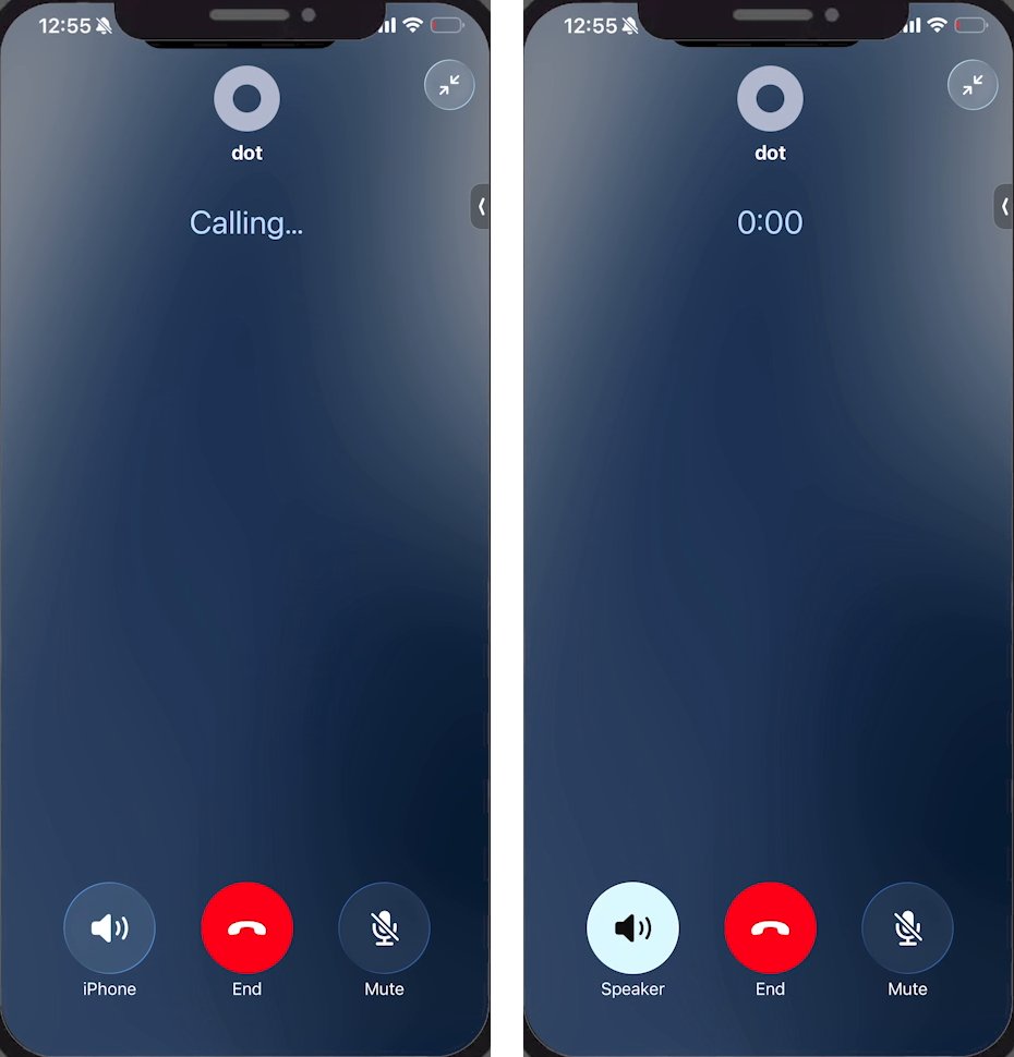 Two iPhone screens side by side. On the left the call reads Calling... with buttons labeled iPhone, End and Mute. On the right it shows a timer at 0:00 and the first button now reads Speaker