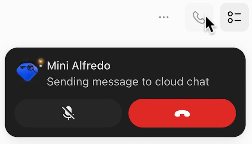 The call card during a call. Under the dot's name the line reads Sending message to cloud chat